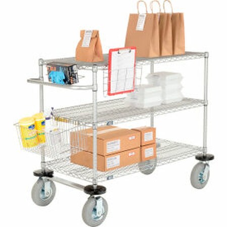 Global Equipment Nexel Curbside Cart, Chrome, 54"L x 18"W x 43"H, 3 Wire Shelves, Pneumatic Casters CS18543CP